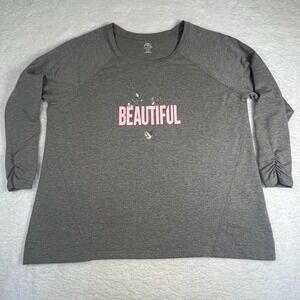 Avenue Womens 18/20 Gray Beautiful Graphic Tee Long Sleeve Ruched